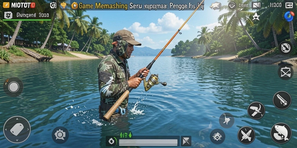 Screenshot MIOTOTO menampilkan pemain sedang memancing di danau yang indah.