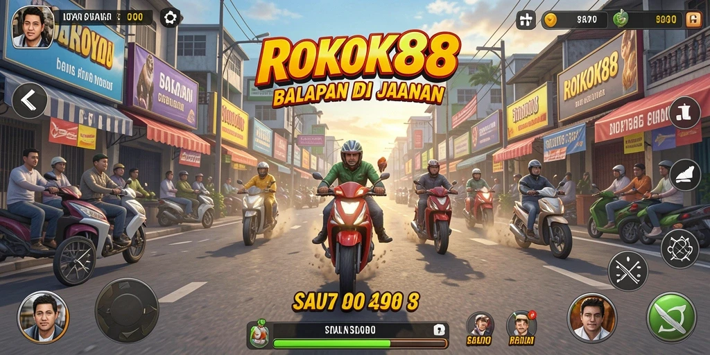 Tangkapan layar utama ROKOK88 menampilkan aksi balapan yang mendebarkan.