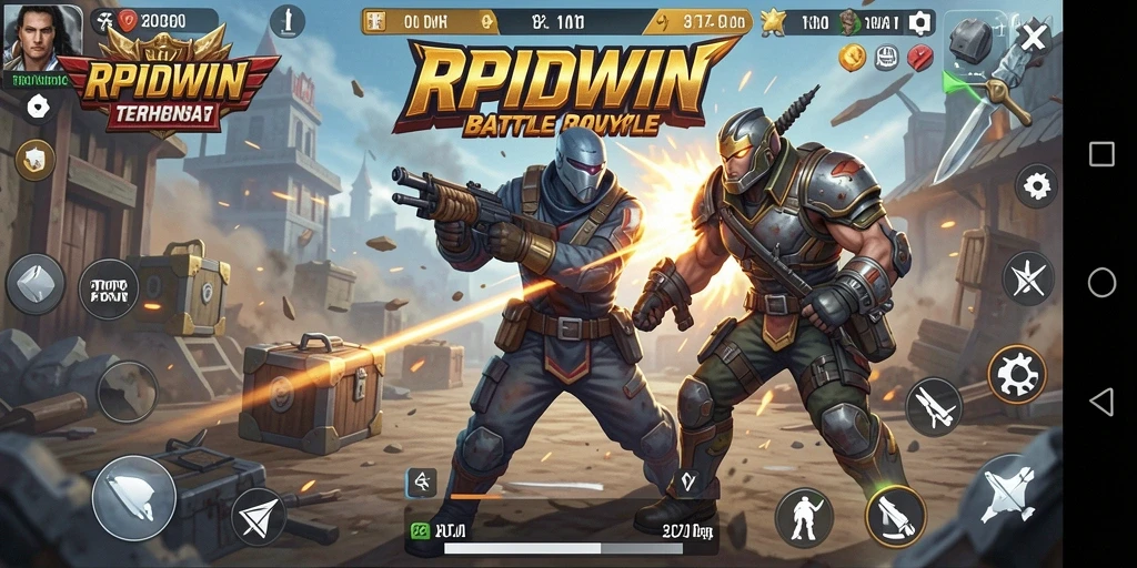 Tangkapan layar gameplay RPIDWIN menampilkan aksi seru dalam pertarungan Battle Royale.